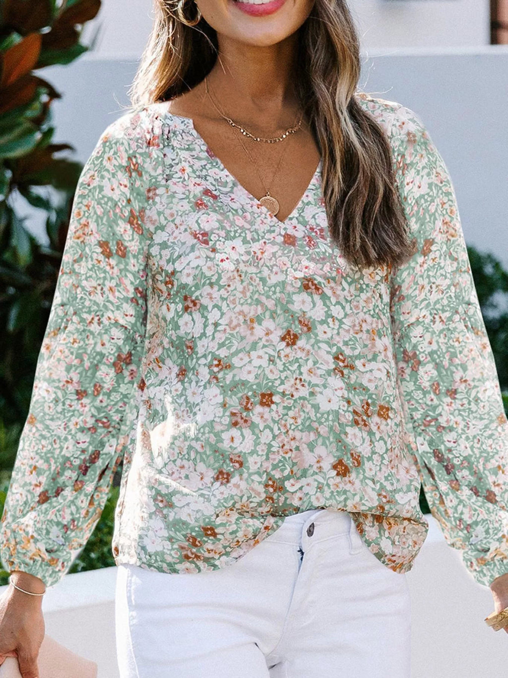 Full Size Floral Print V-neck Long Sleeve Blouse Plus (2)