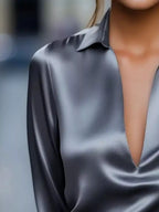 Satin Johnny Collar Long Sleeve Blouse (8)