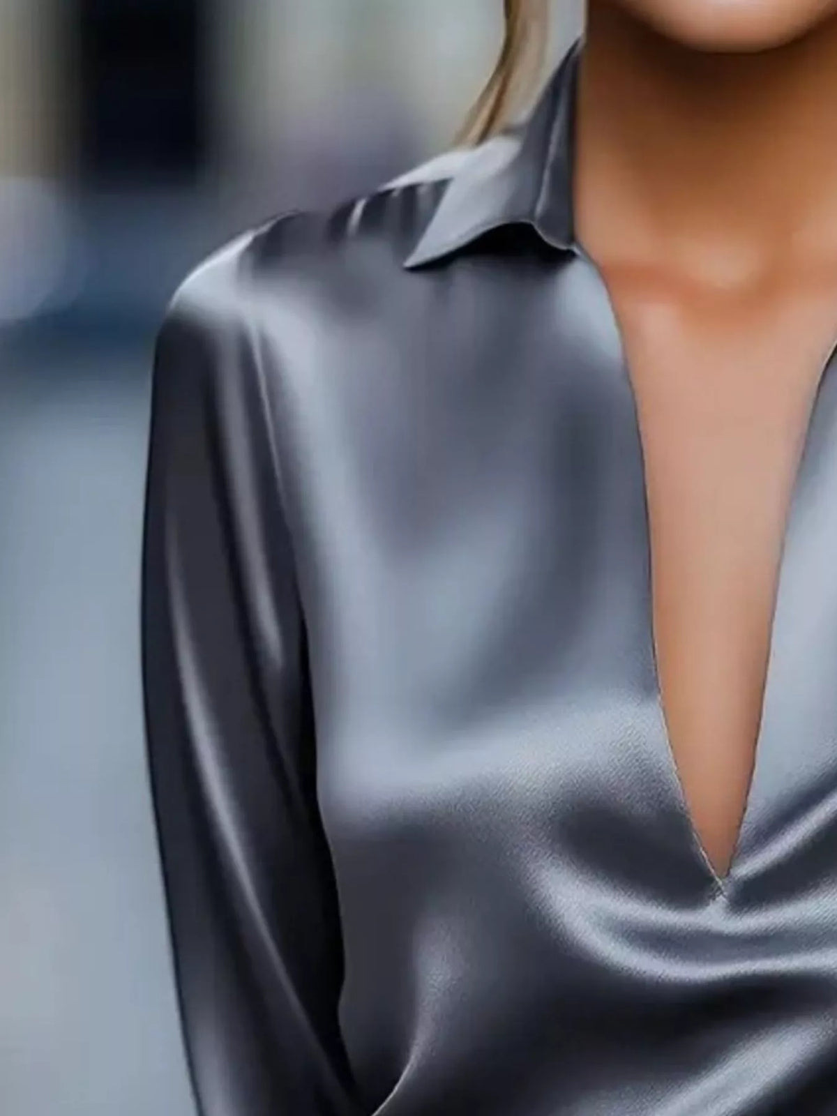 Satin Johnny Collar Long Sleeve Blouse (8)