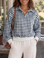 Gingham Plaid Collared Sweatshirt Ribbed Hem (3)