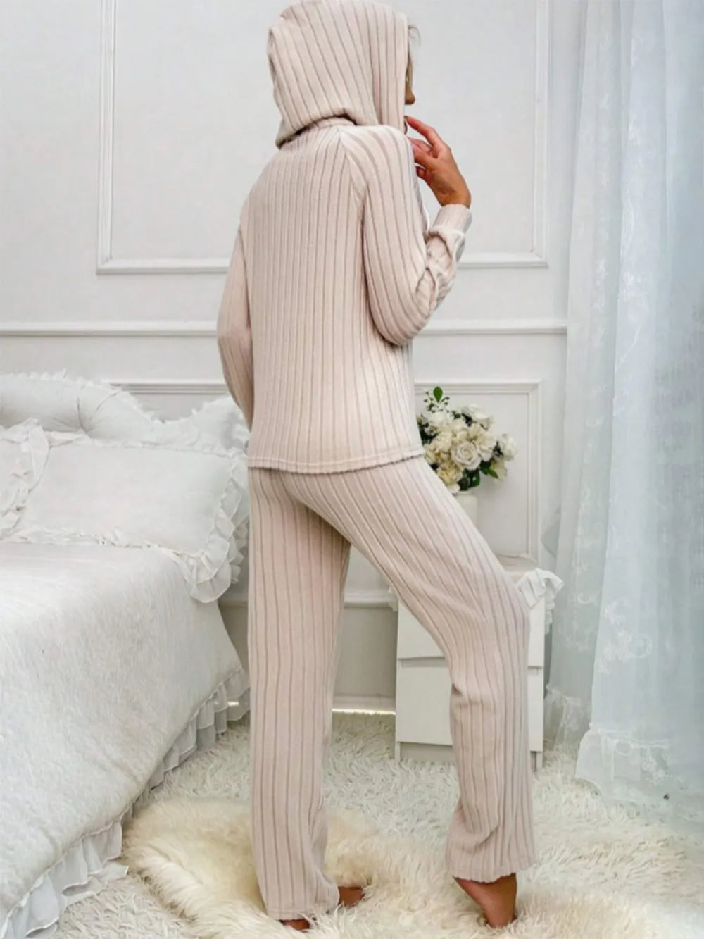 Drawstring Half Button Hooded Top Ribbed Pants Set (2)