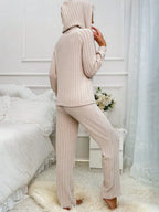 Drawstring Half Button Hooded Top Ribbed Pants Set (2)