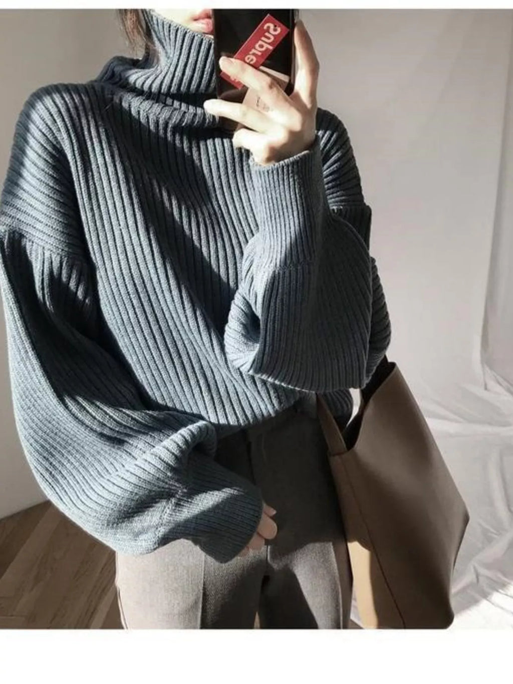 Oversized Turtleneck Ribbed Knit Sweater (6)