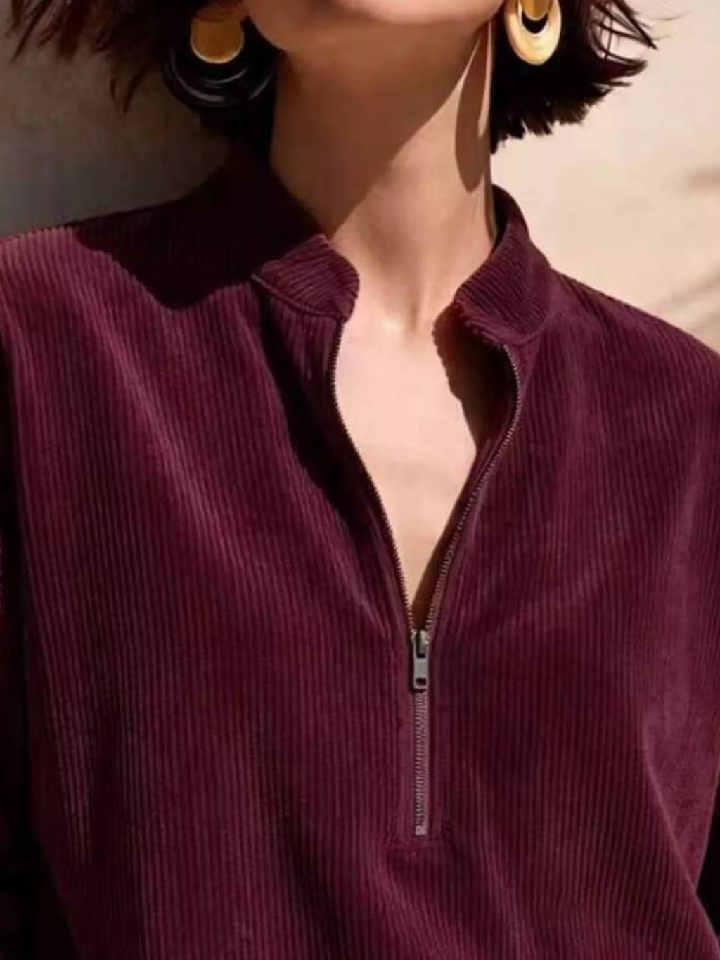 Full Size Half Zip Dropped Shoulder Corduroy Top Plus (10)