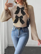 Bow-decorated Mock Neck Cropped Sweater