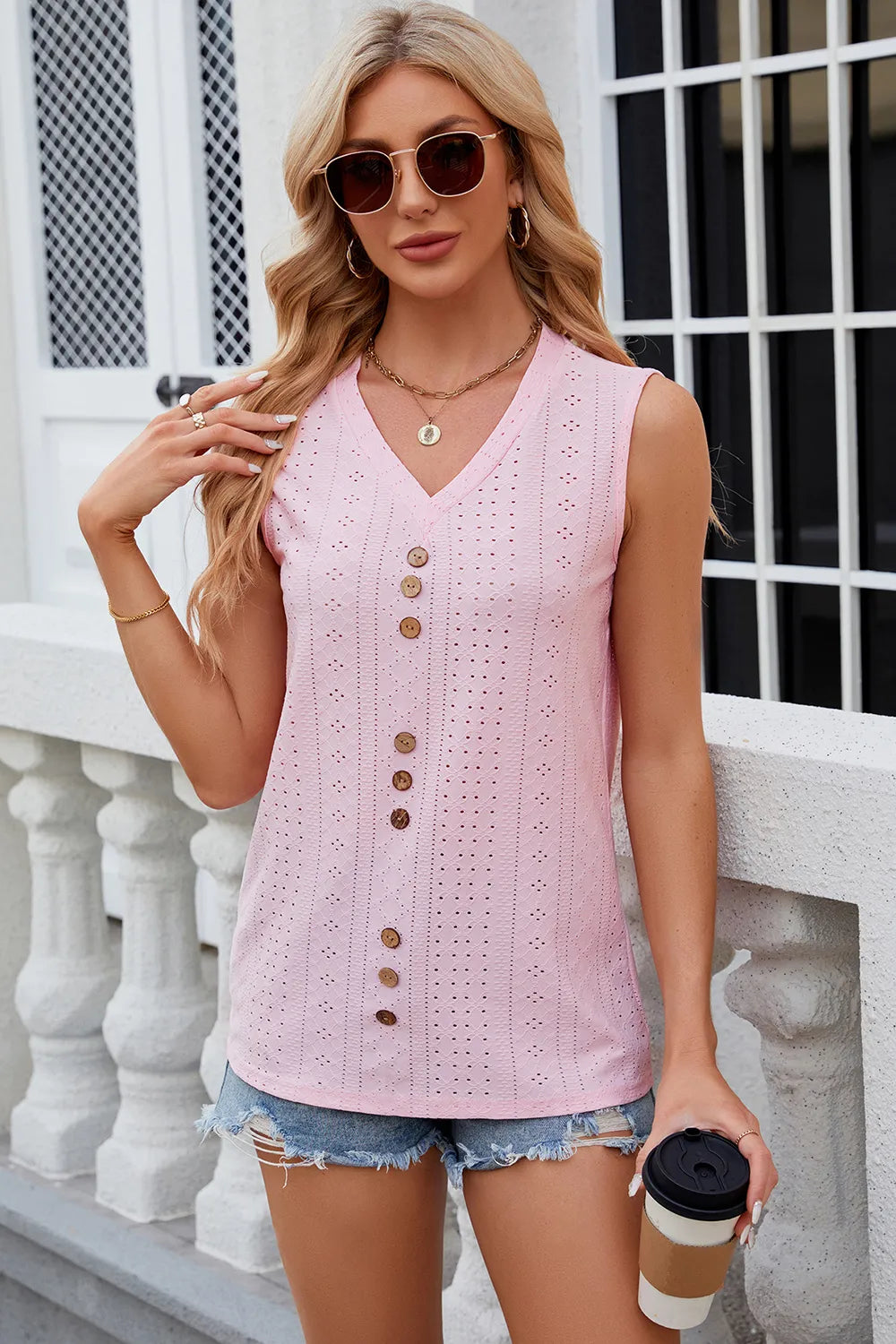 Decorative Button Eyelet V-neck Tank