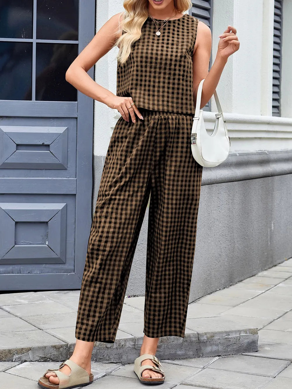 Plaid Round Neck Sleeveless Top Pants Set (9)
