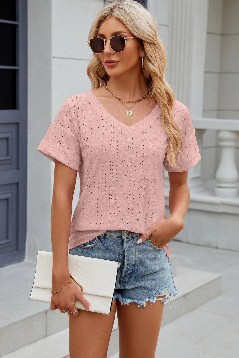 Eyelet V-neck Short Sleeve T-shirt (17)