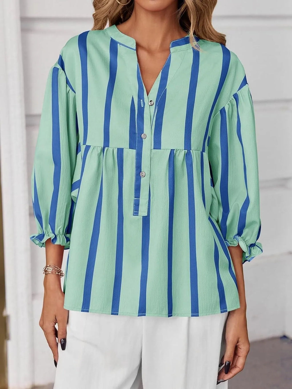 Striped Button Front Notched Blouse (3)