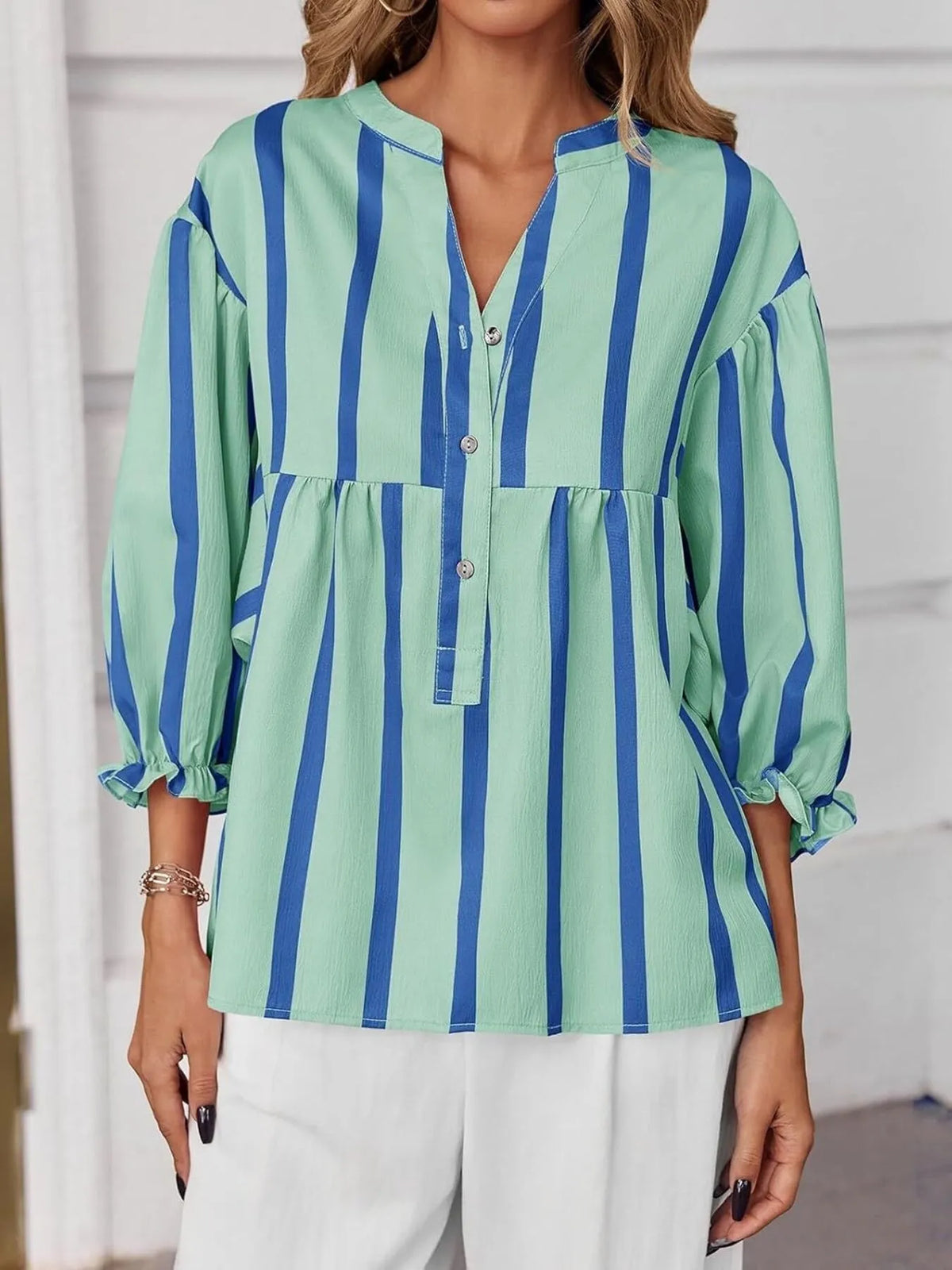 Striped Button Front Notched Blouse (3)