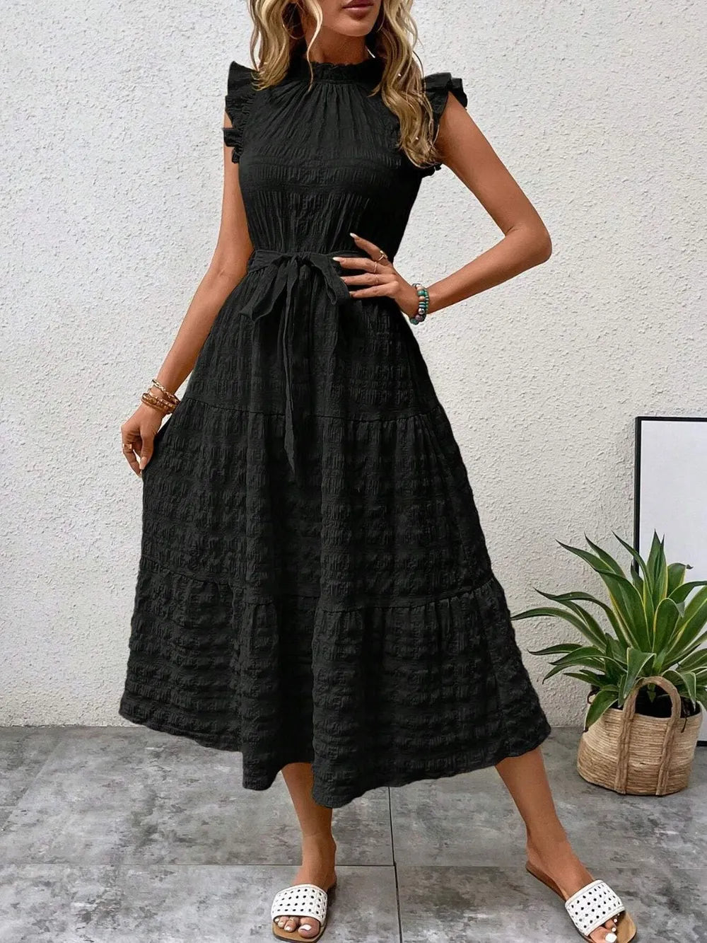 Tied Ruffled Cap Sleeve Midi Dress (14)