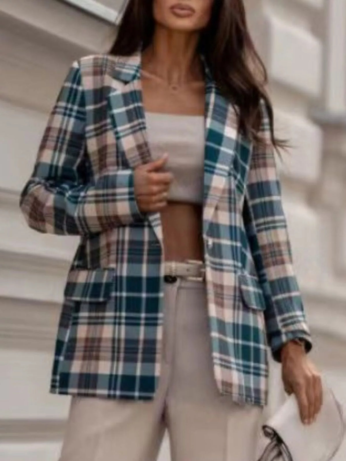 Plaid Lapel Collar Blazer (2)