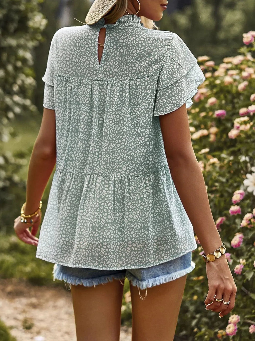 Printed Ruffle Sleeve Babydoll Blouse (7)