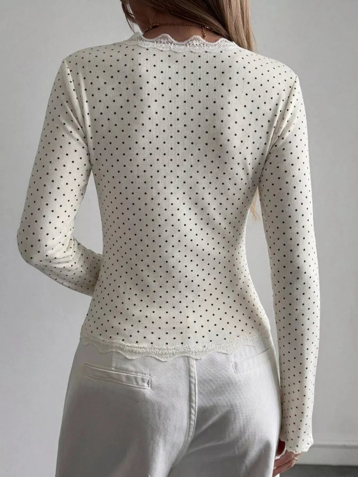 Lace Trim V-neck Ribbed Long Sleeve Blouse (4)