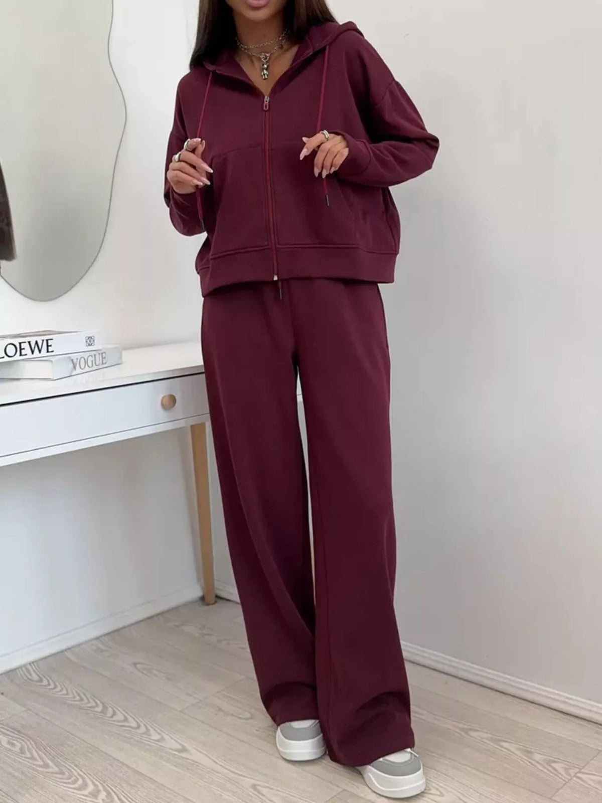 Zip-up Hoodie Wide-leg Pants Set (6)