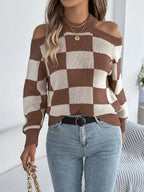 Cold Shoulder Checkered Long Sleeve Sweater (9)