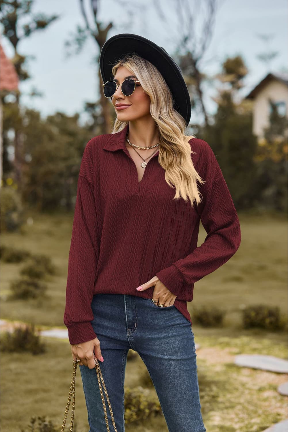 Collared Neck Cable-knit Long Sleeve Blouse (14)