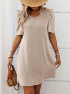 Textured Round Neck Short Sleeve Mini Dress (20)