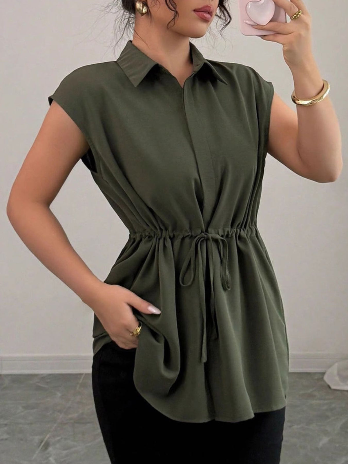 Drawstring Waist Cap Sleeve Shirt (9)