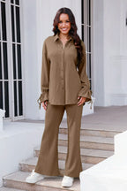 Drawstring Flounce Sleeve Shirt Pants Set