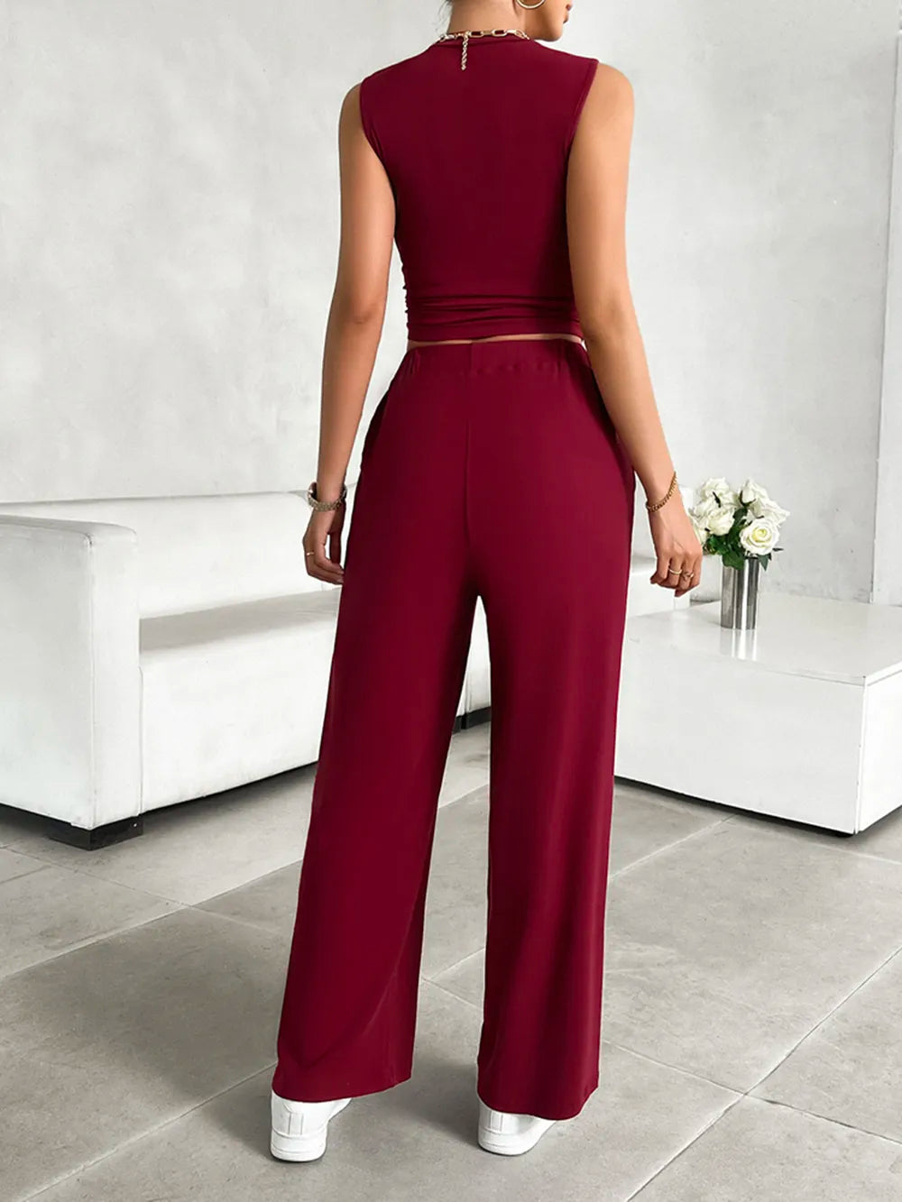 Mock Neck Sleeveless Top Drawstring Pants Set (9)