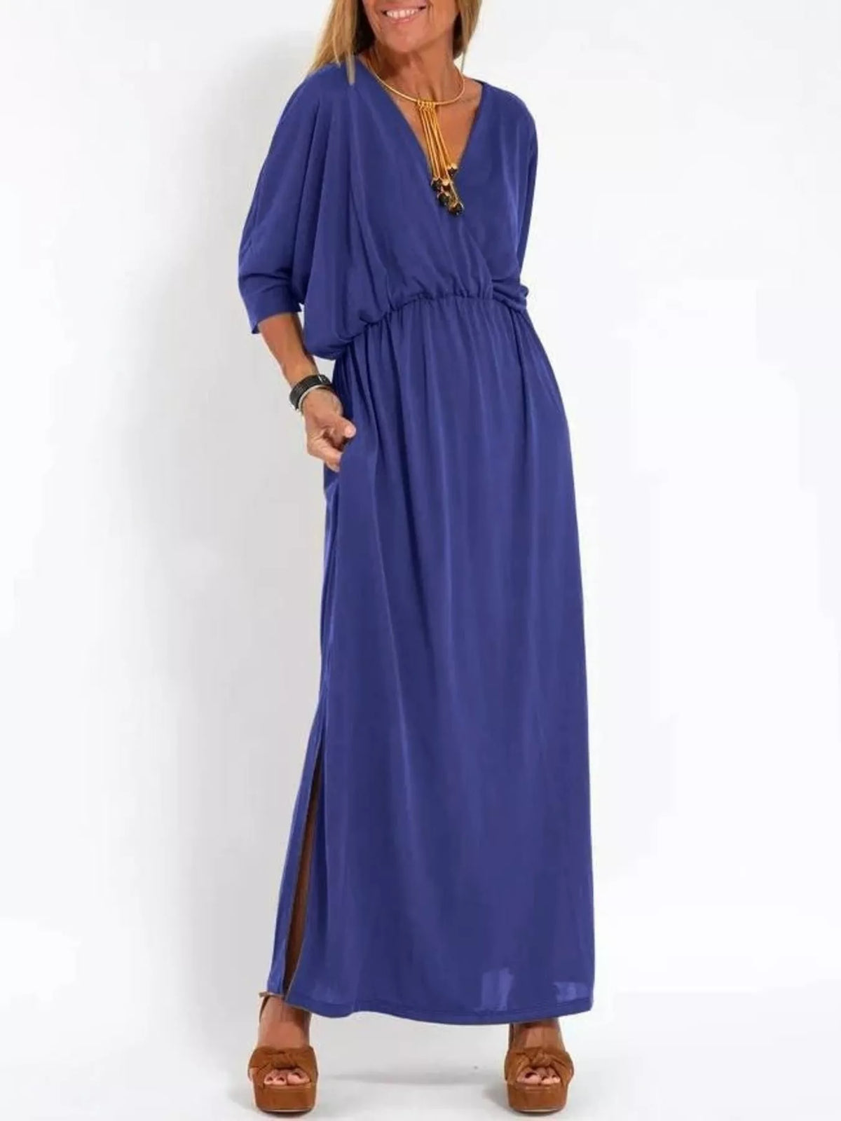 Full Size V-neck Batwing Sleeve Maxi Dress Side Slits Plus (3)