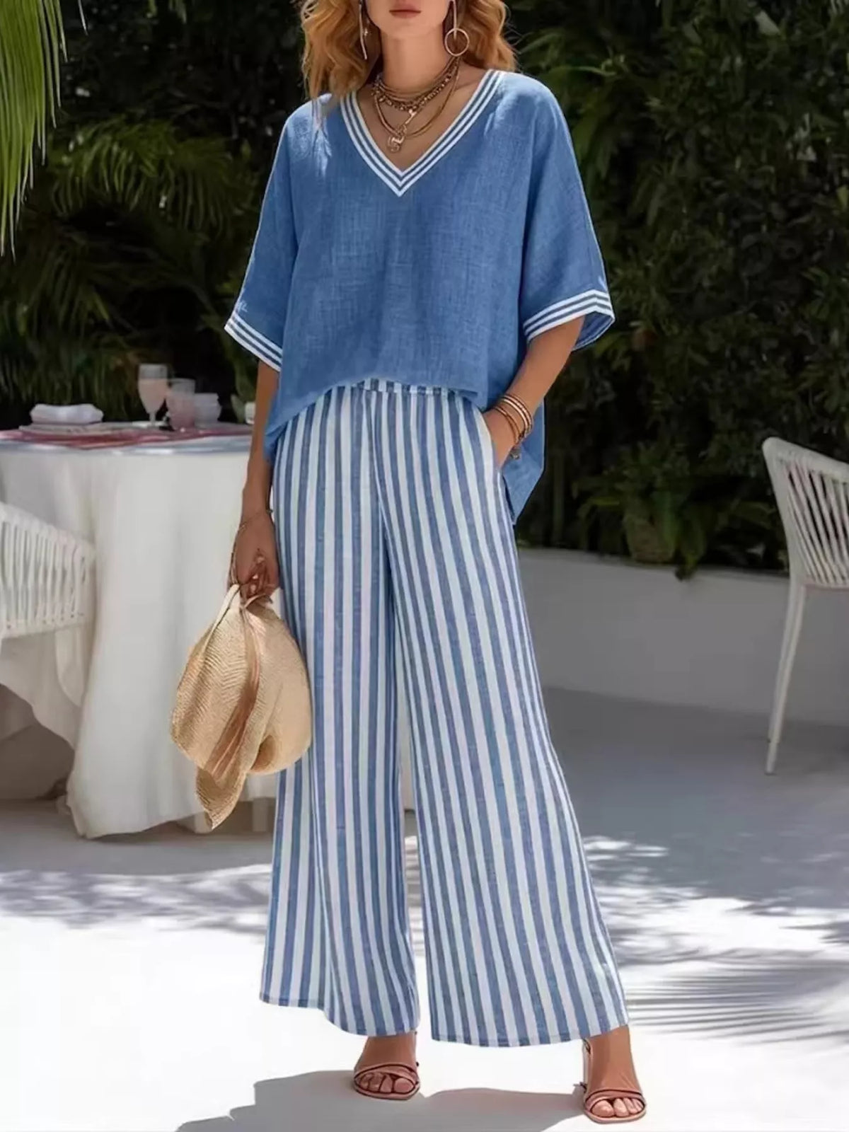 Full Size Striped V-neck Top Wide Leg Pants Set Plus