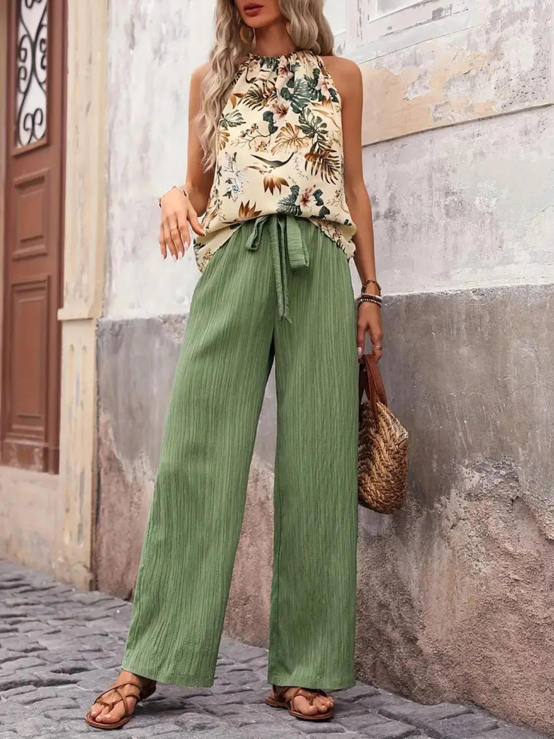 Printed Tank Top Wide Leg Pants Set (31)