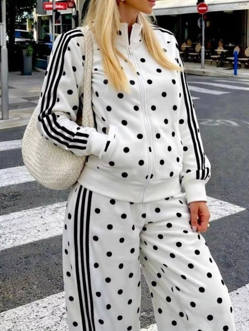 Polka Dot Side Striped Outerwear Pants Set (14)