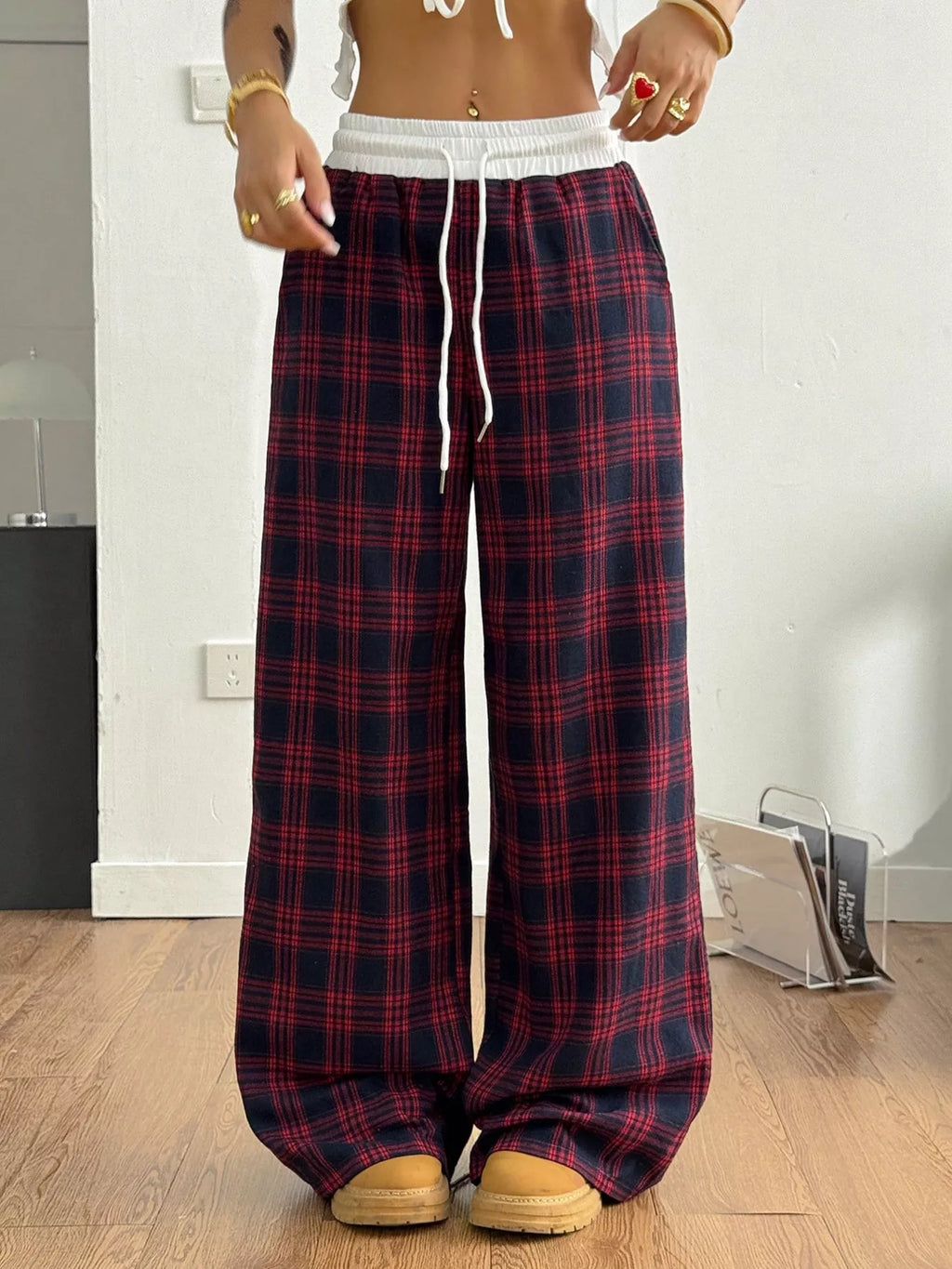 Plaid Wide-leg Pants Elastic Waistband (7)
