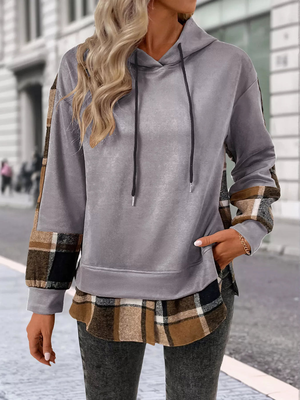 Plaid Drawstring Long Sleeve Hoodie (12)
