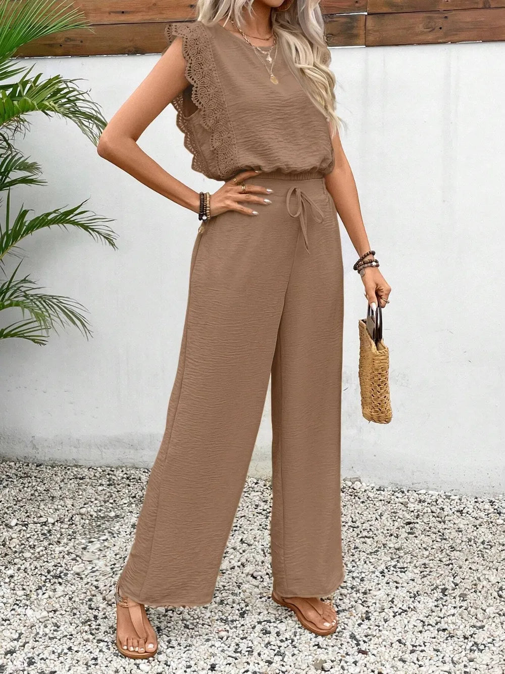 Lace Trim Round Neck Top Pants Set (25)