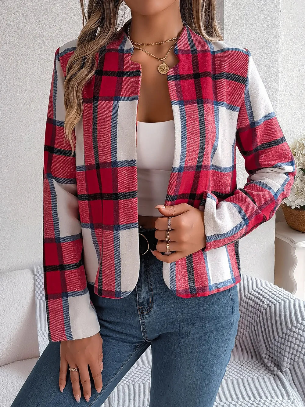 Plaid Open Front Long Sleeve Jacket (16)