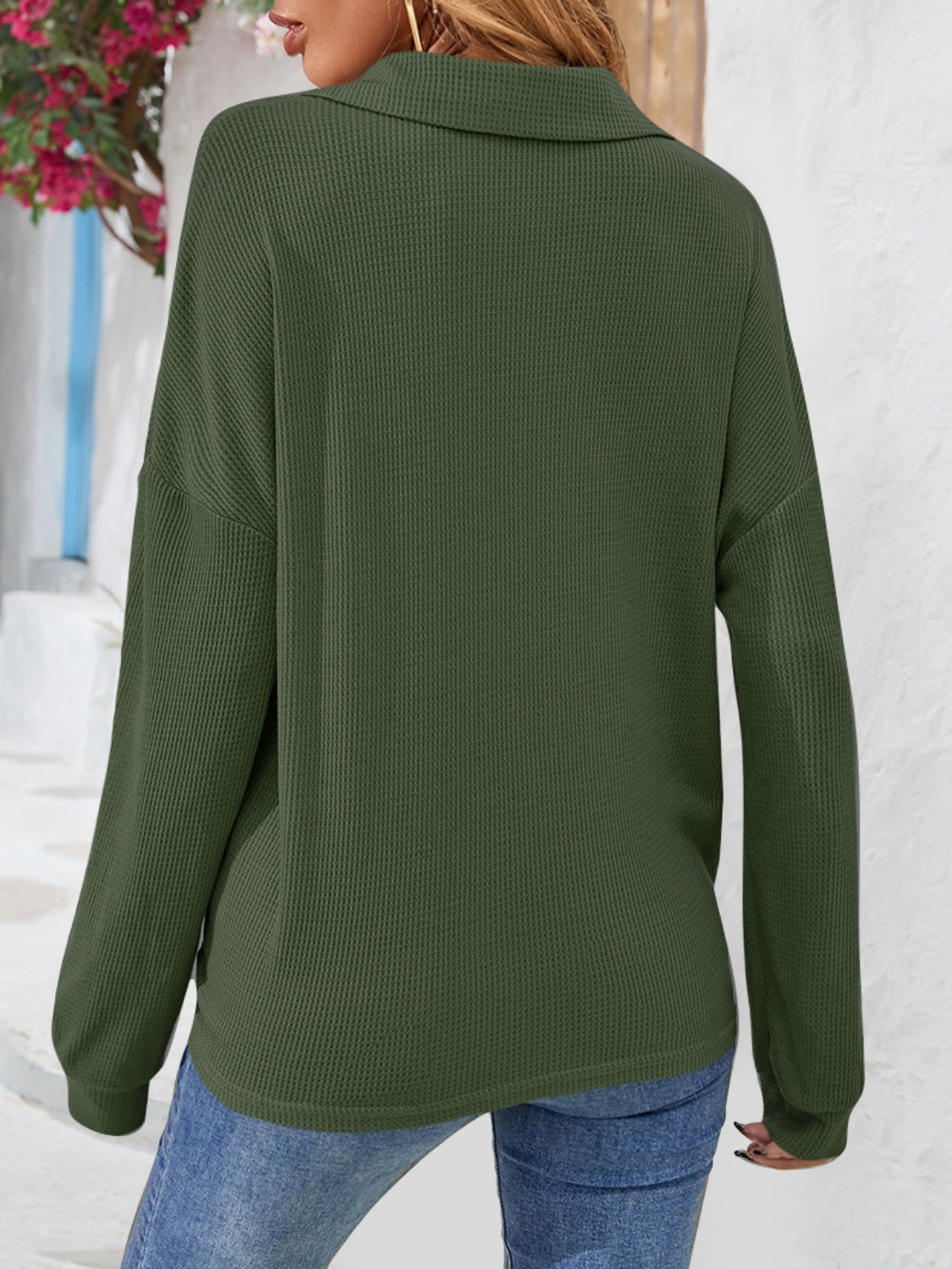Half Button Collared Neck Long Sleeve Top (9)