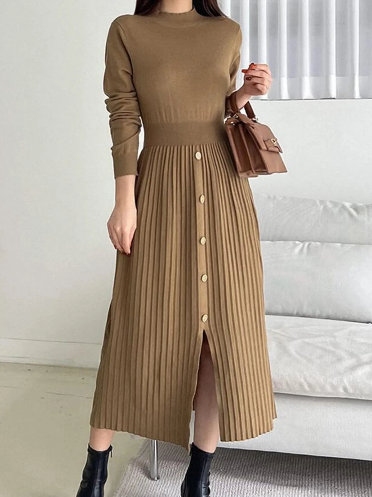 Slit Front Mock Neck Long Sleeve Knit Dress (5)