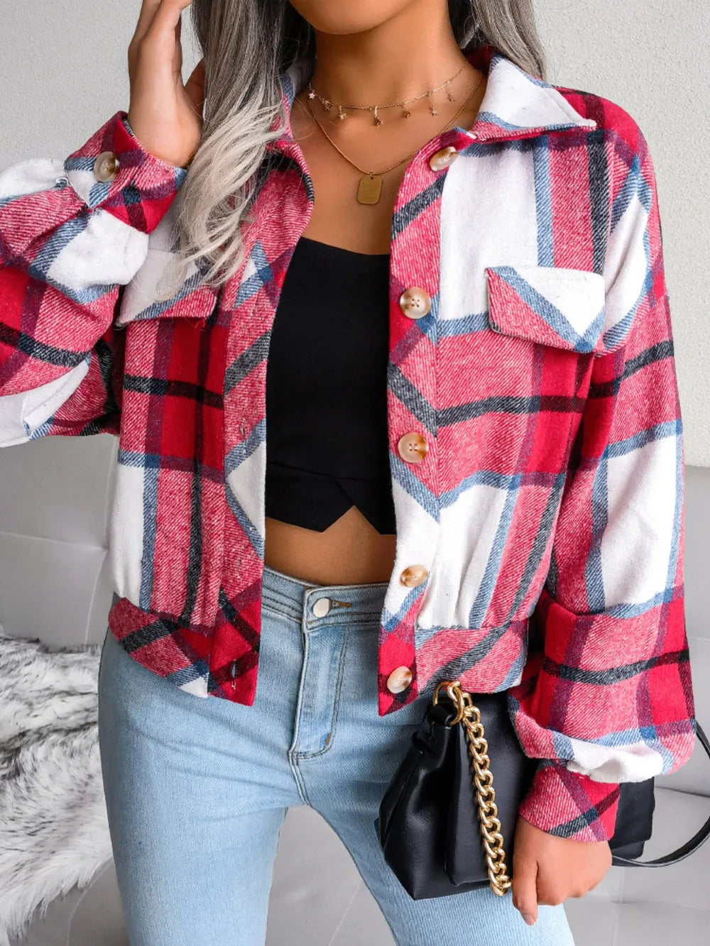 Plaid Collared Neck Long Sleeve Jacket (18)