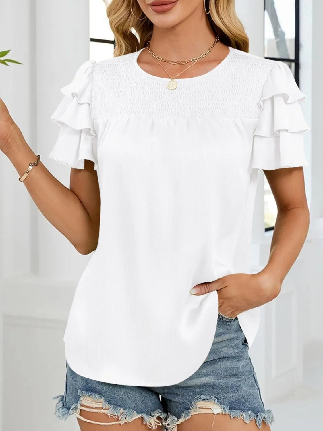 Smocked Round Neck Ruffled Layered Sleeve Blouse (15)