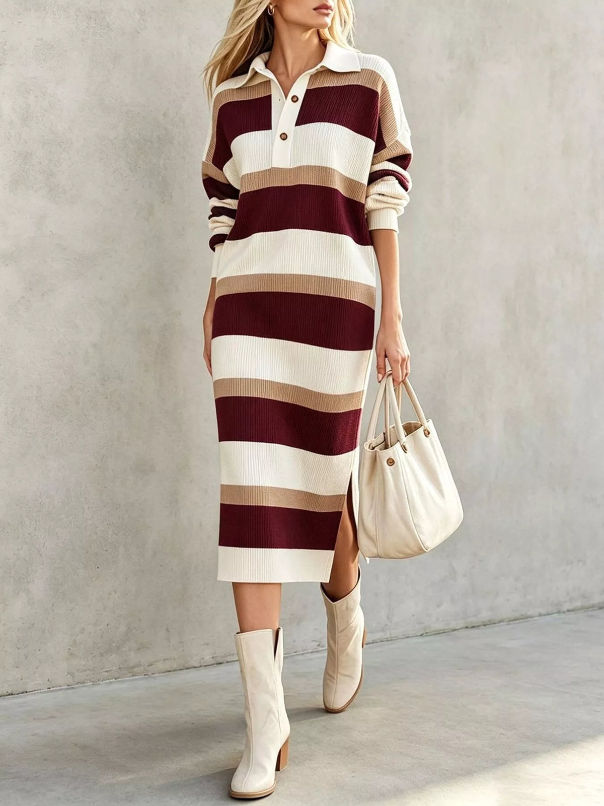 Striped Polo Collar Long Sleeve Sweater Dress (7)