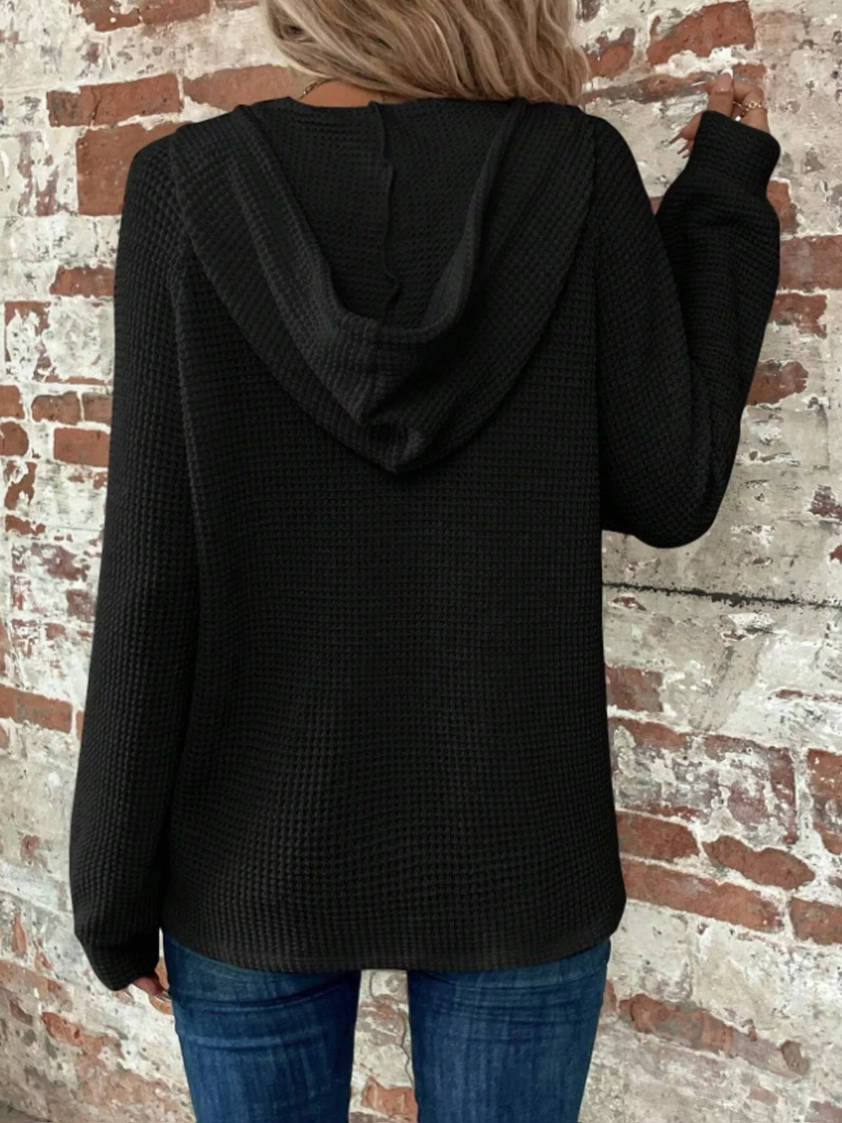 Waffle Knit Button Detail Hoodie (16)