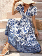 Floral Print Puff Sleeve Wrap Midi Dress