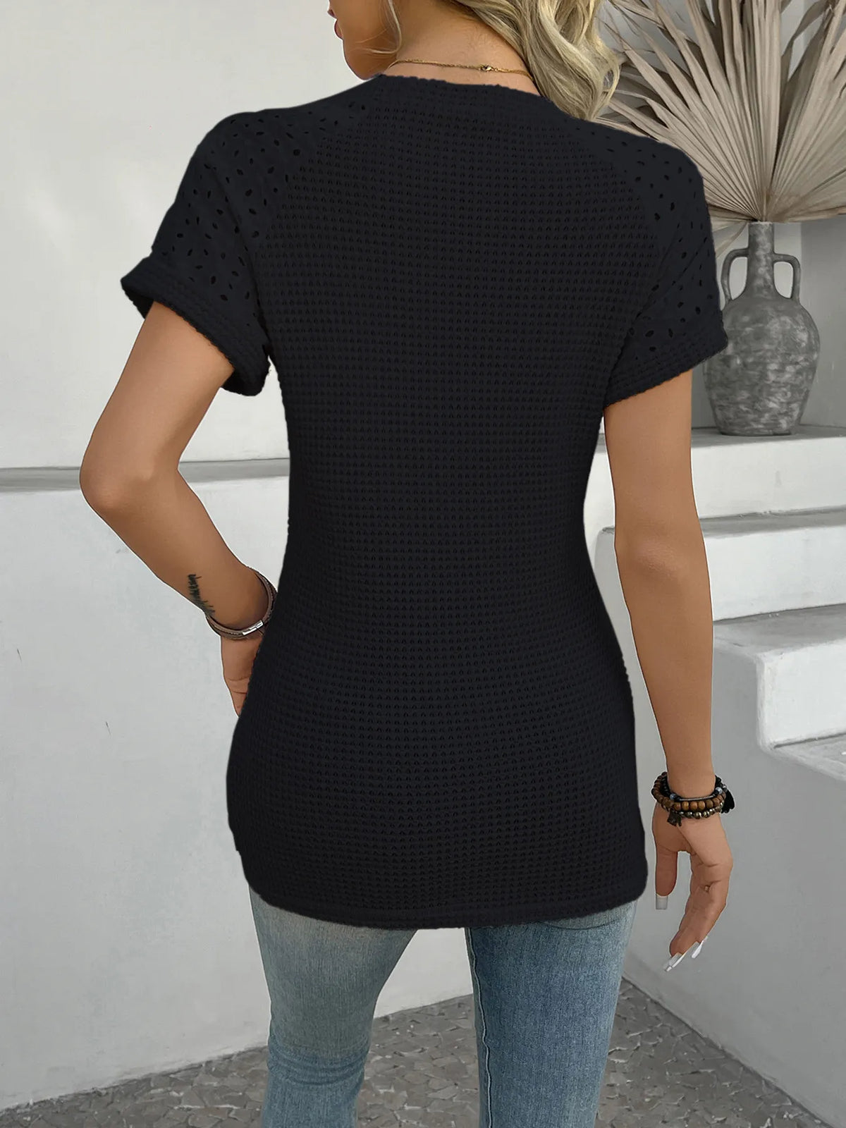 Hollow Out Waffle Knit Short Sleeve T-shirt (7)