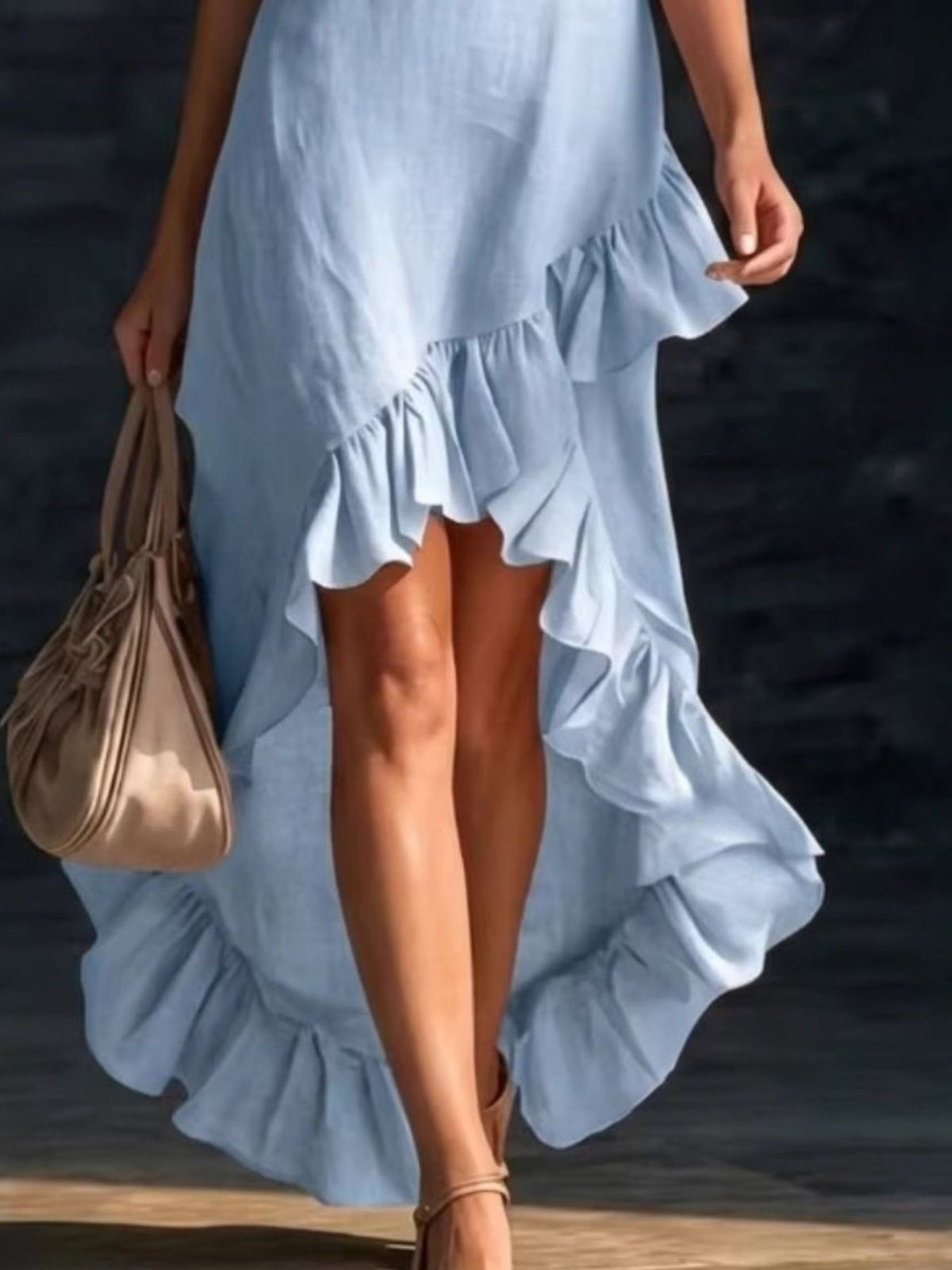 Sleeveless V-neck Ruffle Hem High-low Dress (8)
