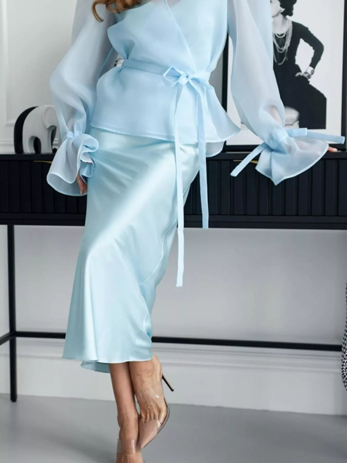 Flounce Sleeve Blouse Satin Midi Skirt Two-piece Set (8)