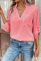 Striped Notched Roll-tab Sleeve Shirt (2)