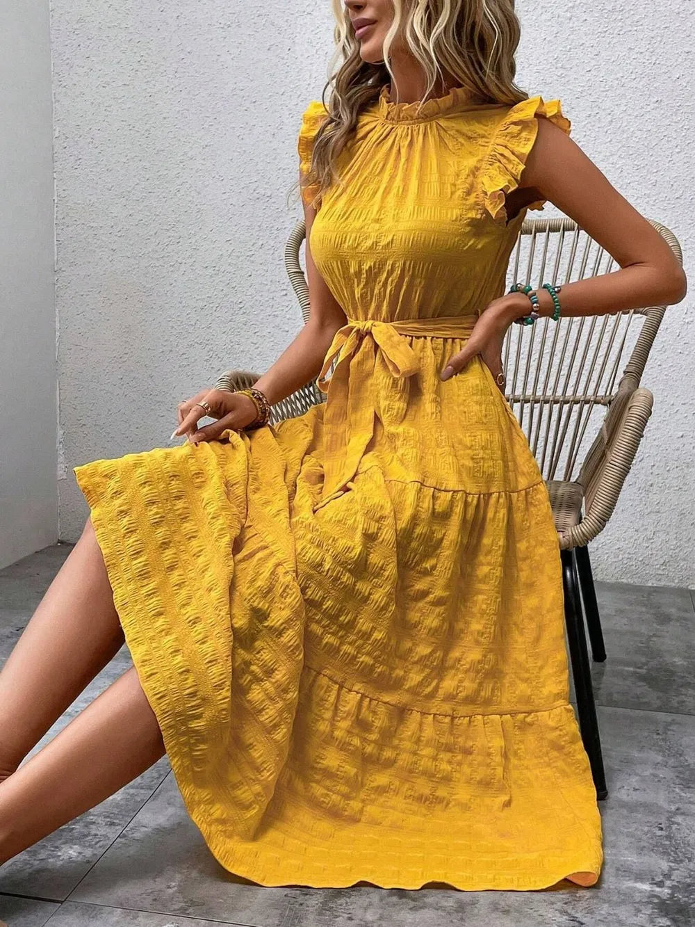 Tied Ruffled Cap Sleeve Midi Dress (4)
