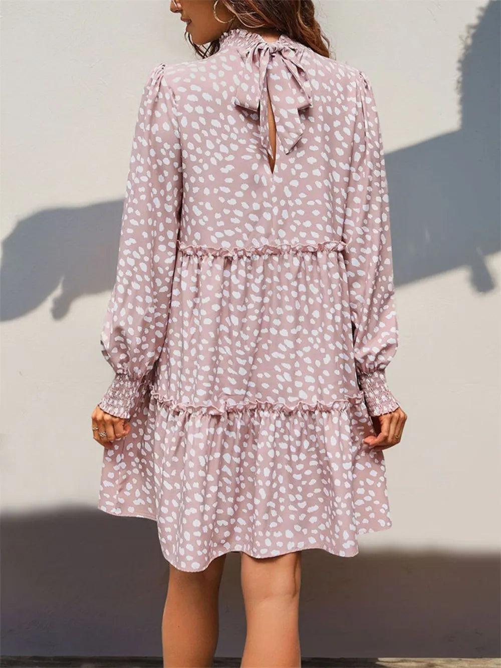 Frill Printed Mock Neck Long Sleeve Mini Dress (2)