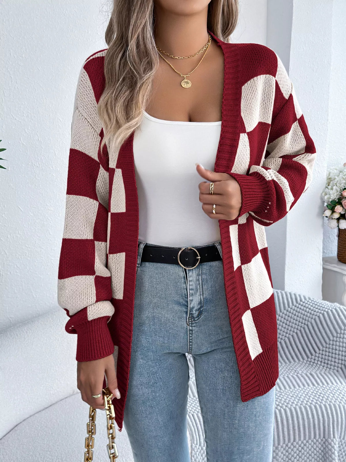 Checkered Pattern Open Front Cardigan (3)