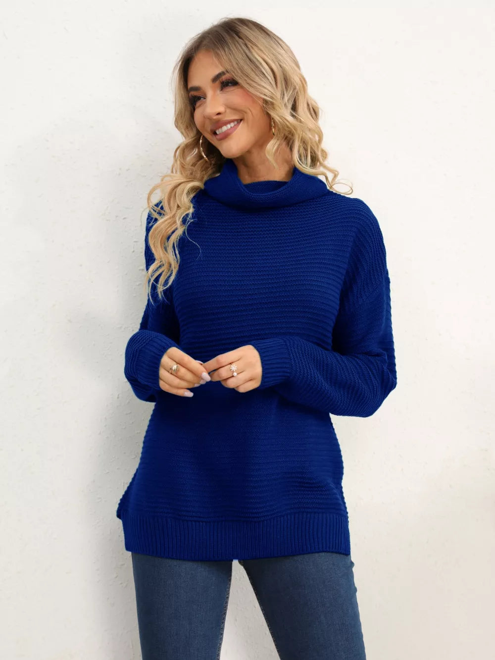 Slit Turtleneck Dropped Shoulder Sweater (30)