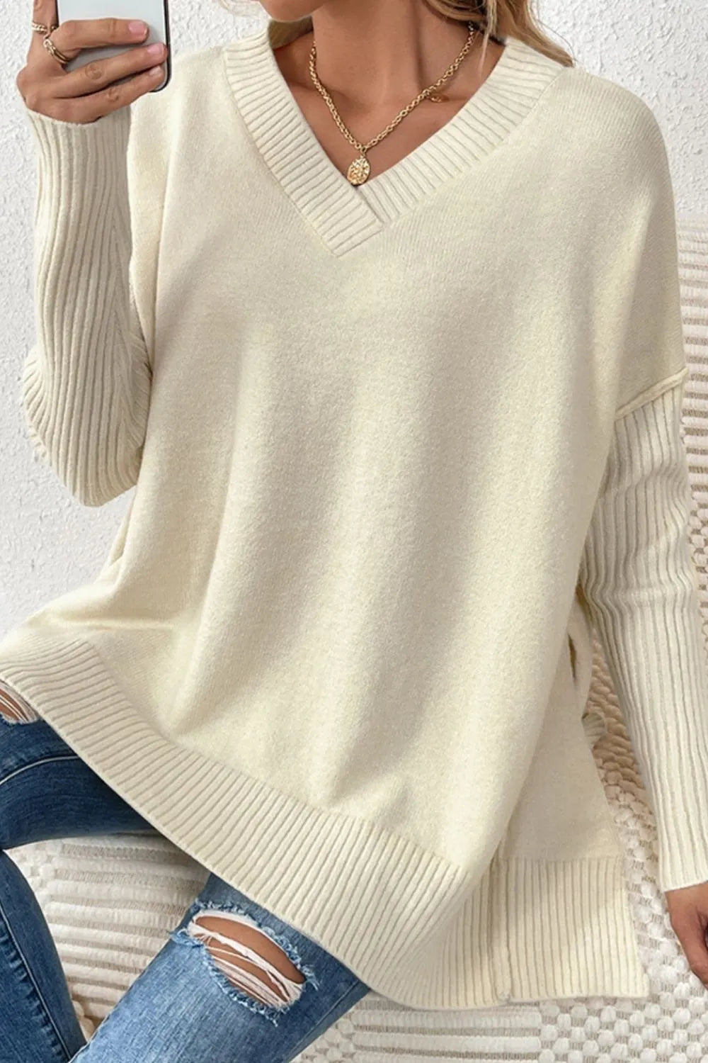 Slit V-neck Dropped Shoulder Sweater (14)