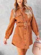Button Front Belt Long Sleeve Corduroy Dress (7)